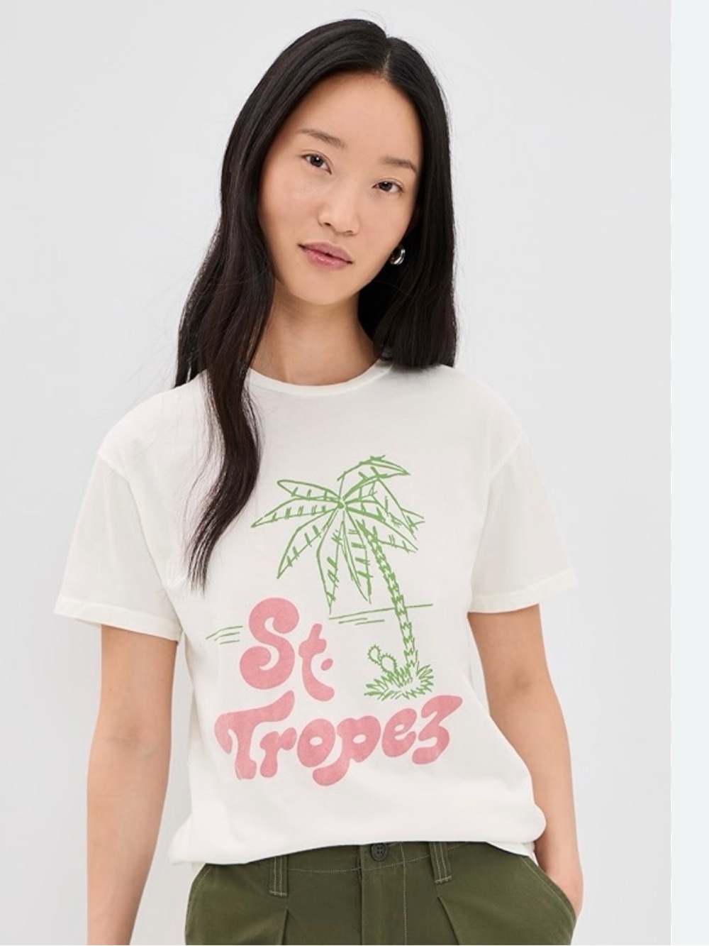 Retro Band St. Tropez Graphic Tee — White with Pink & Green Print Size Small